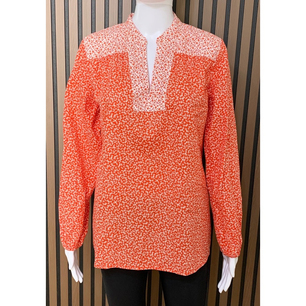 Lands End Orange White Pink Floral Cotton Tunic Blouse Split Neck Small 6-8